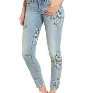 BLANKNYC Floral Embroidered Skinny Jeans Raw Hem